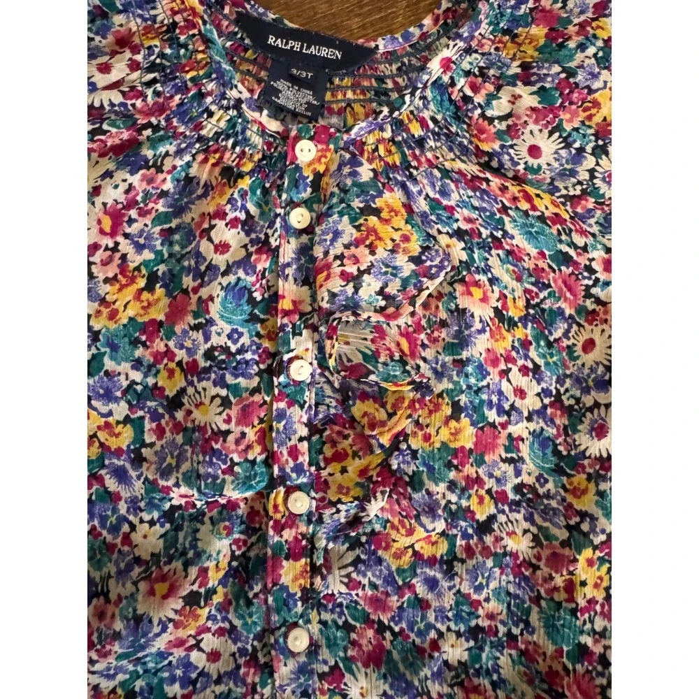 Ralph Lauren Girls 3T Floral Sheer Ruffle Button Down Peasant Blouse